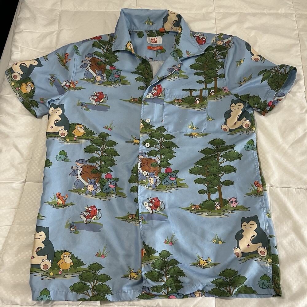 OppoSuits Pokémon Men's Short Sleeve Shirt Small Blue Forest Print Button Up
